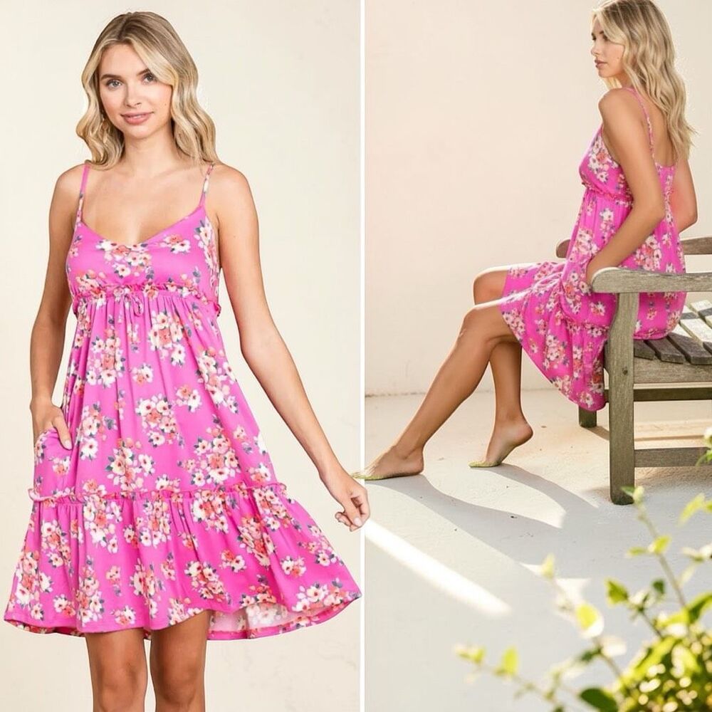 Pink Floral Ruffle Cami Dress w/ Pockets | Culture Code - Picture 2 of 13